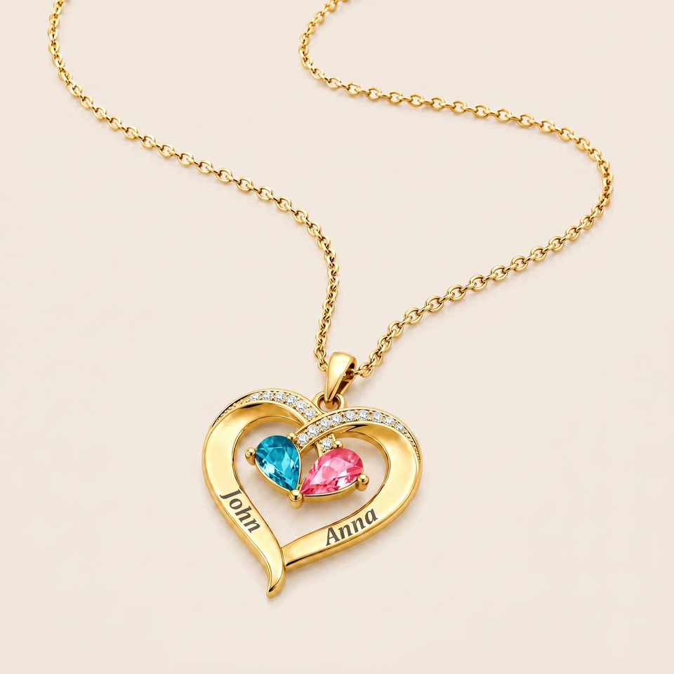 To My Wife - Birthstone Heart Necklace with Customized Wood Box