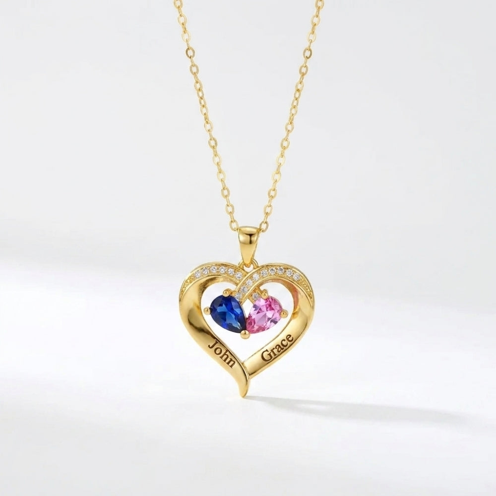 To My Wife - Birthstone Heart Necklace with Customized Wood Box