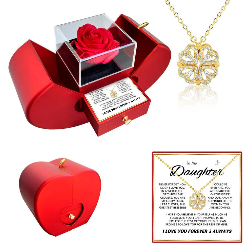 Daughter's 4-Leaf Clover "Lucky Charm" Necklace and Forever Rose Gift Box