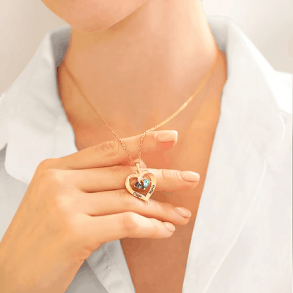 To My Wife - Birthstone Heart Necklace with Customized Wood Box