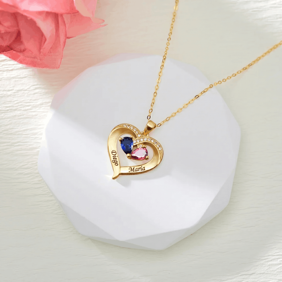 To My Wife - Birthstone Heart Necklace with Customized Wood Box