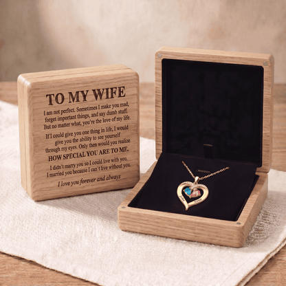 To My Wife - Birthstone Heart Necklace with Customized Wood Box