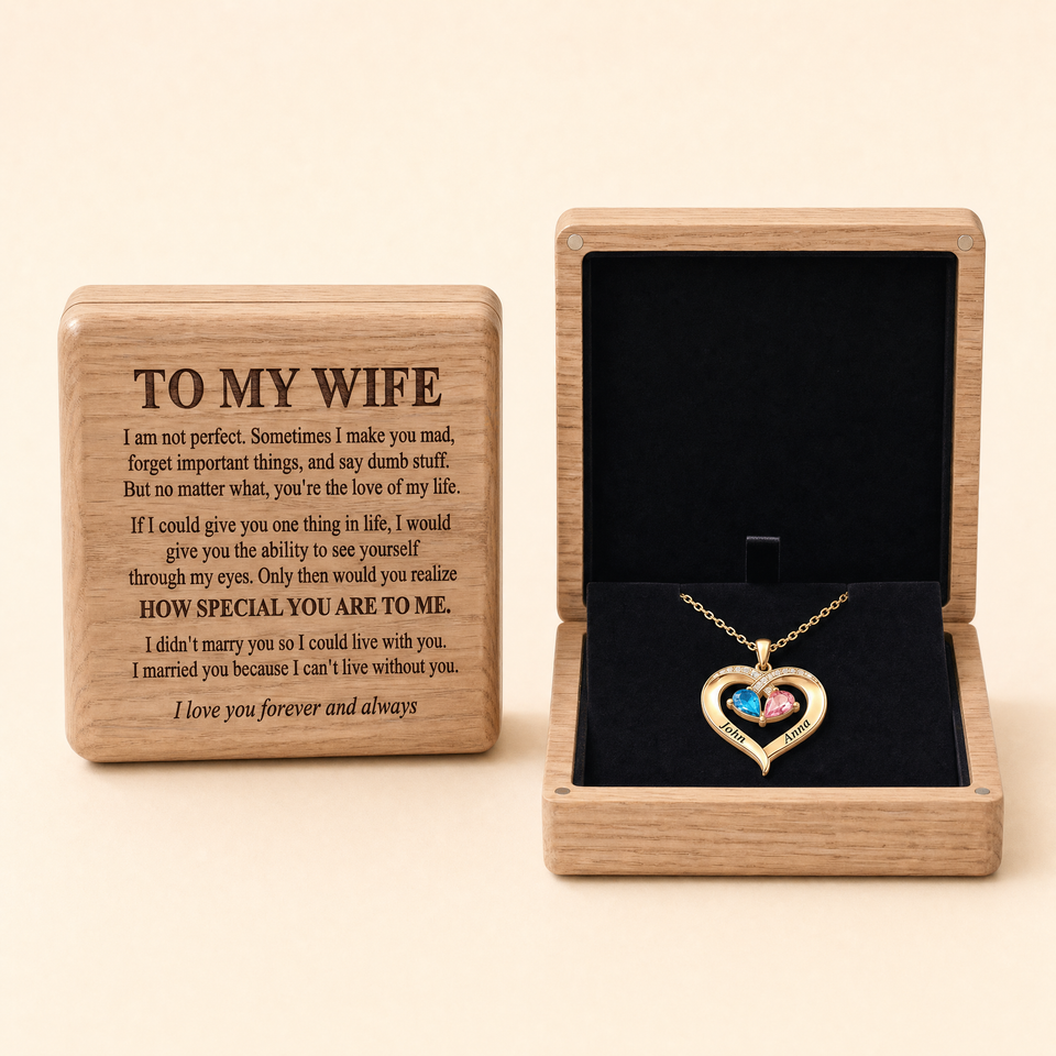 To My Wife - Birthstone Heart Necklace with Customized Wood Box
