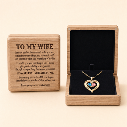 To My Wife - Birthstone Heart Necklace with Customized Wood Box