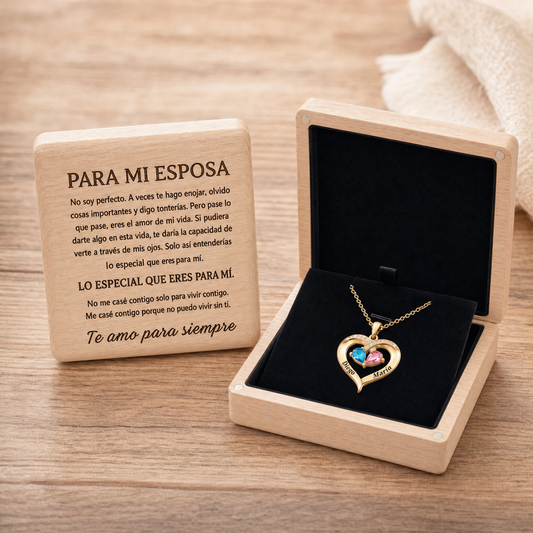 Siempre Tuya – Collar de Corazón con Piedra de Nacimiento y Caja de Nogal Grabada