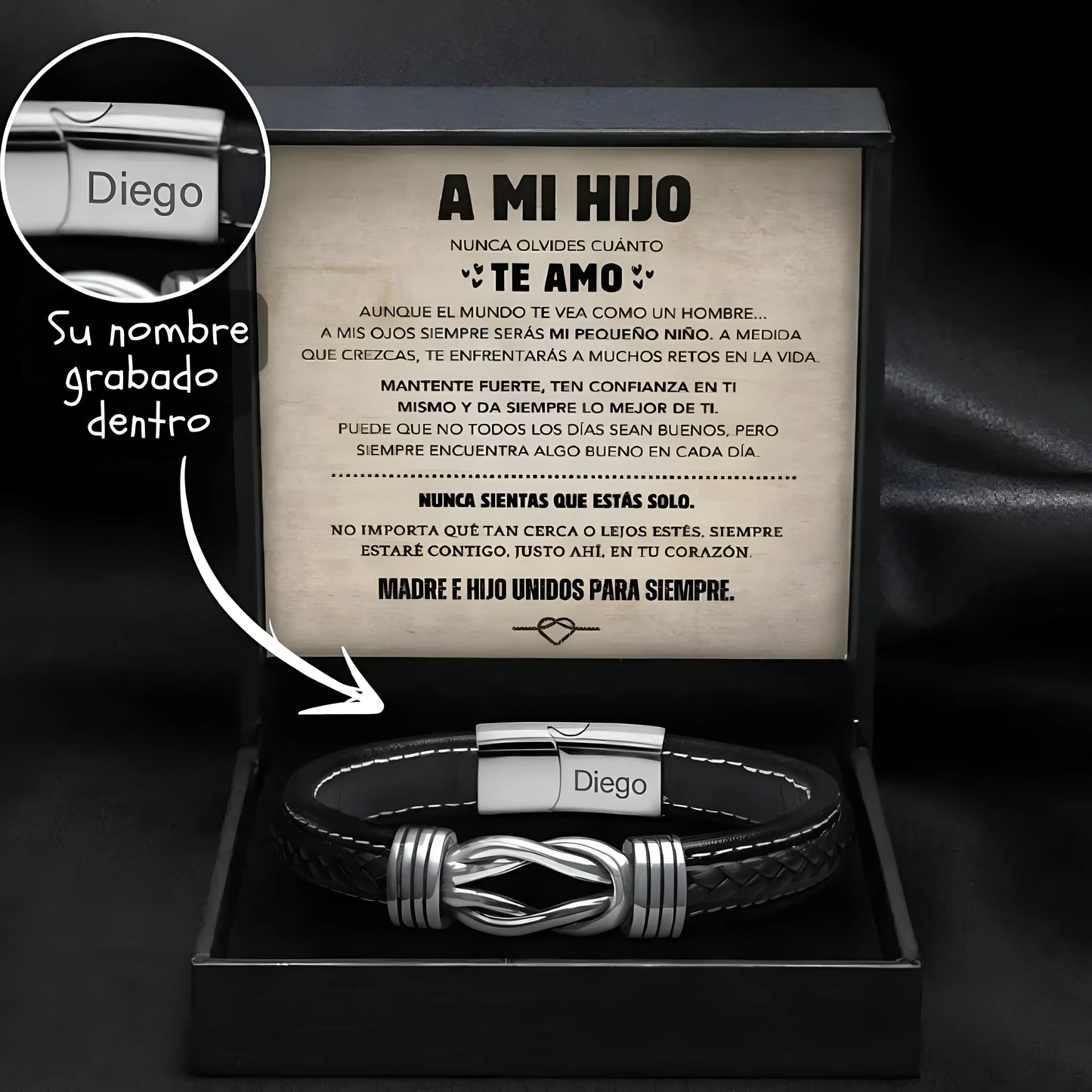 Brazalete con Nudo Infinito para Hijo - Set de Regalo y Nombre Grabado