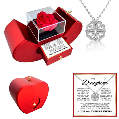 Daughter's 4-Leaf Clover "Lucky Charm" Necklace and Forever Rose Gift Box